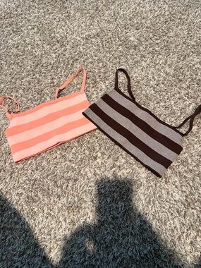 Two Free People Striped Bandeau Tops in Coral Pink and Brown